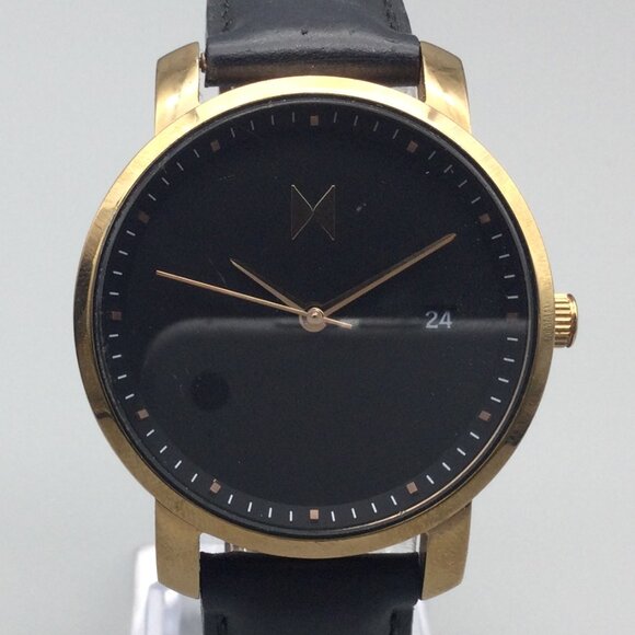 MVMT Watch Women 38mm Gold Tone Date Black Leather Band New Battery - Picture 1 of 16